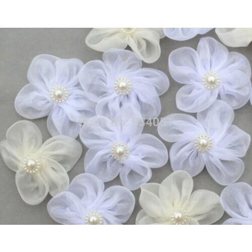 50pcs Handmade White Ivory Bridal Organza Flowers with Pearl Flower Bead, Silk Hair Flowers, Artificial Flowers for Wedding