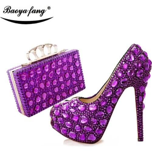 BaoYaFang Purple crystal wedding shoes with matching bags fashion shoes and purse women Pumps High heels shoes Round Toe Pumps