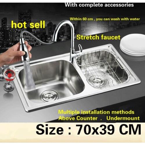 Free shipping kitchen sink 0.8 mm food grade 304 stainless steel standard hot sell the double groove stretch tap 70x39 CM