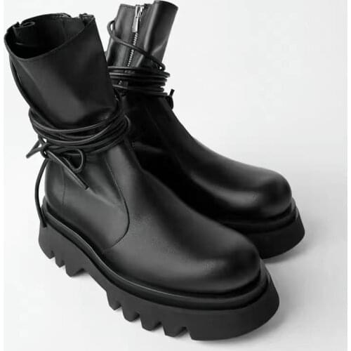 Martin Boots Women Genuine Cow Leather Cross Lace-Up Round Toe Lady Booties Autumn Winter Platform Handmade And Naked Boots