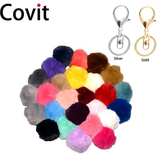 Covit 8cm Cute pompom keychain fluffy fake rabbit fur ball women car bag pompon key ring holder men key cap Christmas Gift