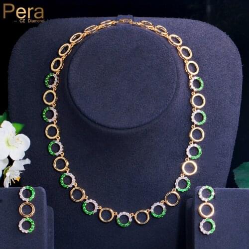 Pera Exclusive Design Gold Color Green CZ Crystal Banquet Jewelry Circles Link Earrings and Chocker Necklace Sets for Women J443