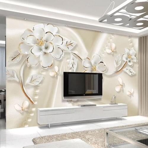 Photo Wallpaper Modern 3D Stereo Relief White Flowers Murals Living Room TV Sofa Background Wall Sticker Self-Adhesive Wallpaper
