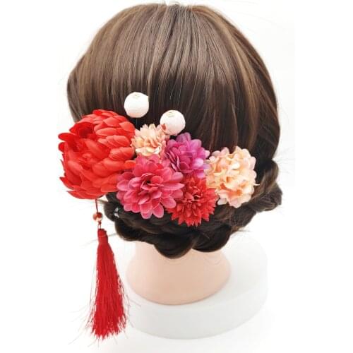 Japanese Traditional Fringe Flower Hair Comb Yarn Fabric Costume Headpiece Handmade High quality Party Show Women Floral Hairpin