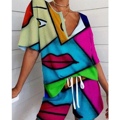 2-Piece Sets Harajuku Graffiti Face Lips Fashion V-neck T Shirts Shorts Matching Tracksuits Loose Home Wear Japan Korean Fashion