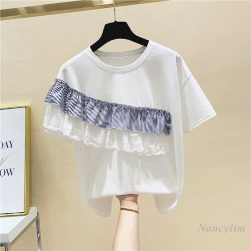 Lace Striped Patchwork Ruffled Cotton Short Sleeve T-shirt for Women 2021 Summer New Loose Tops Girls Students Casual Tees