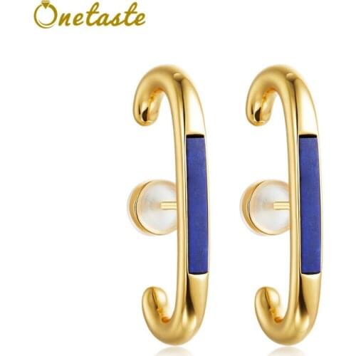 Minimalism 925 Silver Gold Plated Blue Lapis Lazuli Womens Earring Fashion Simple Streamline Geometric Stud Earrings Girls Gift