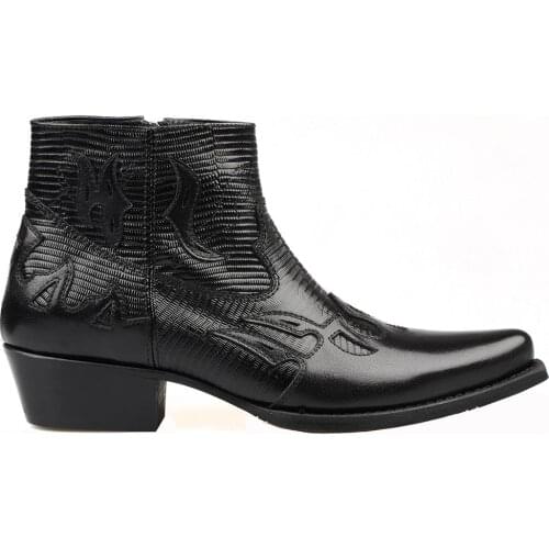 FootCourt- Black Classic Western Cowboy Boots For Men Zipper Western Ankle Boots Embroidered Pointy Toe Printed Genuine Leather