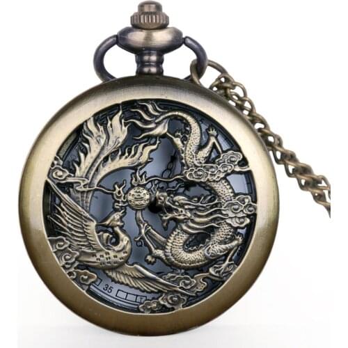 Retro Chinese Holllow Dragon Quartz Pocket Watch Necklace Vintage Fob Watch Pendant Male Clock With Chain Gift for men