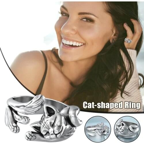 New Fashion Cat-shaped Ring Vivid Animal Figure Open Ring Alloy Finger Jewelry Adjustable Retro Style Gift For Women Men LXH