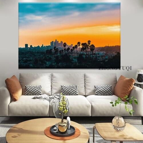 Downtown Los Angeles Landscape Sunset Skyline Canvas Painting Cityscape Posters and Prints Pictures for Bedroom Cuadros