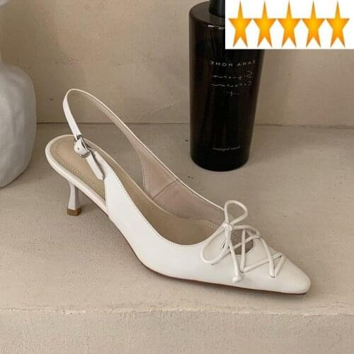 Toe Office Pointed Ladies Elegant High Heels Women Cross-Tied Bowknot Hollow Out Genuine Leather Sandal Summer Stiletto Sandals