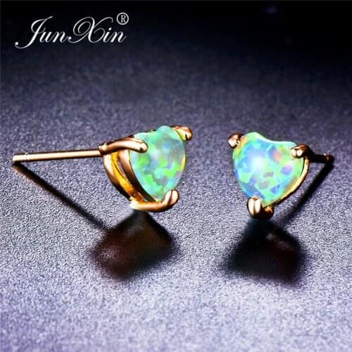 JUNXIN Rainbow Fire Opal Heart Stud Earrings For Women Yellow Gold Filled Green/White/Blue Opals Birthstone Piercing Earrings