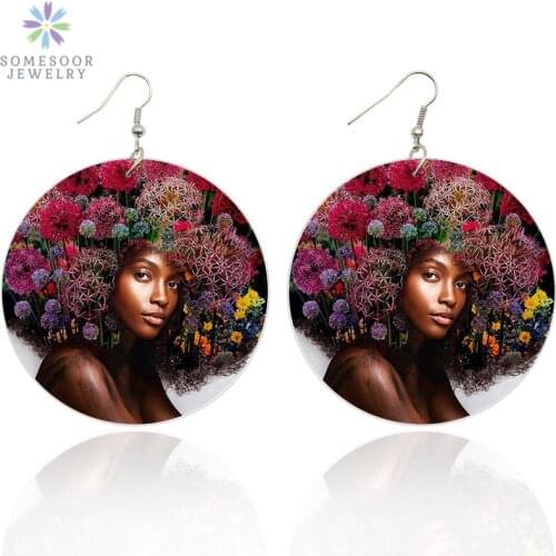SOMESOOR Both Sides Painting Black Women Afro Art Wooden Drop Earrings African Natural Hair Wood Jewelry For Women Girl Gifts