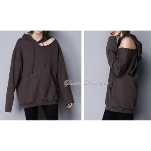 Unisex Oversize Fit Cut Out / Off Shoulder Destroyed Look Sweatshirt Pullover / Extra Long Women Hoodie Top Winter