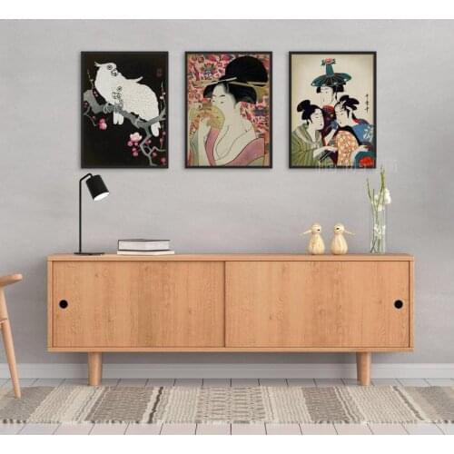 Traditional Japanese Art Oil On Canvas Print 3 Parrot In Sakura Kimono Classic Japanese Poster Of Woman