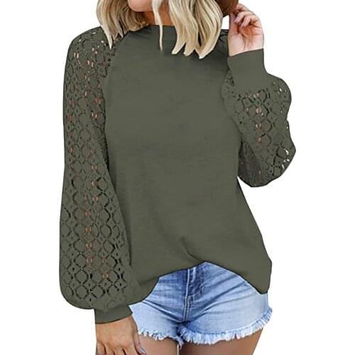 New Ladies Fashion Round Neck Lace Hollow Long Sleeve Casual Loose Top Pullover Chiffon Blouse woman tshirts Lady temperament F4