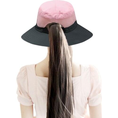 Women Summer Fishing Hiking Hat Wide Brim Sun Hats UV Protection Breathable Mesh Ponytail Cap Foldable Adjustable Chin Strap