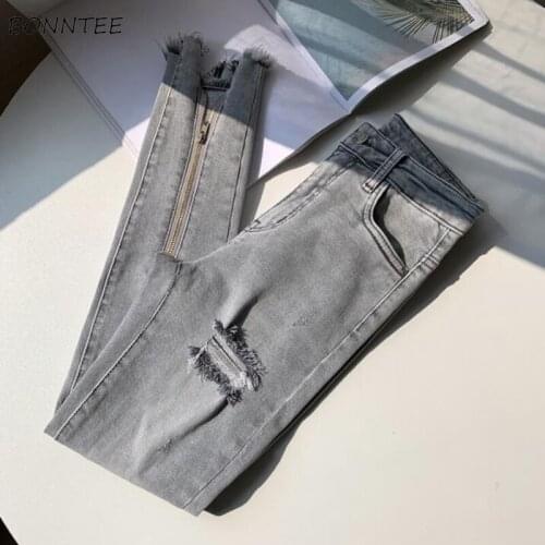 Pencil Jeans Women Hole Ripped Ankle-length Denim Trousers 2021 New Summer Korean Style Fashion All-match High Waist Slim Chic