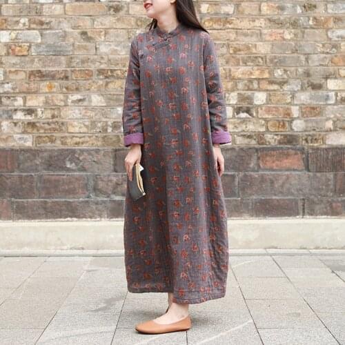 LZJN Women Floral Print Dress Chinese Cheongsam Dresses Casual Spring Autumn Double-Layer Cotton Long Dress