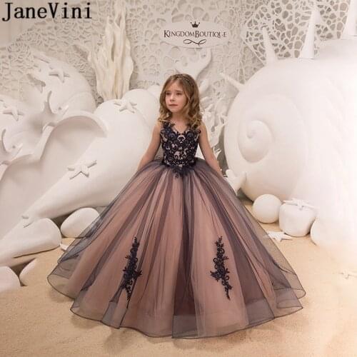 JaneVini Black Lace Flower Girl Dress Long Little Girls Ball Gown Dress Kids Tulle Party Gowns robe enfant fille mariage 2020