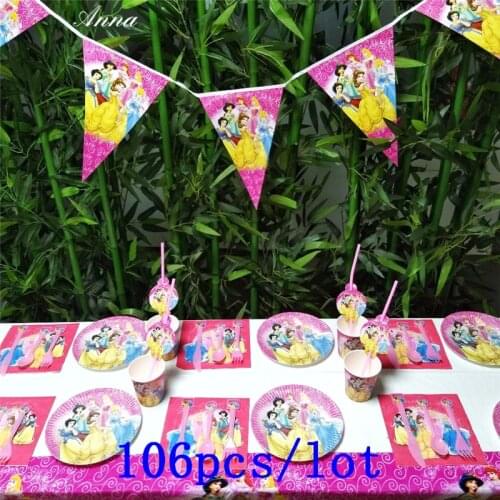 106Pcs/Lot Disney Six Princess Theme Design Pink Disposable Tableware Snow White Theme Girls Birthday Party Decoration Supply