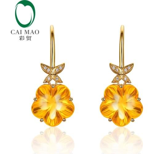 14k Yellow Gold 13mm Flower Shape 15.81ct Natural Citrine H SI Diamond Dangle Earrings