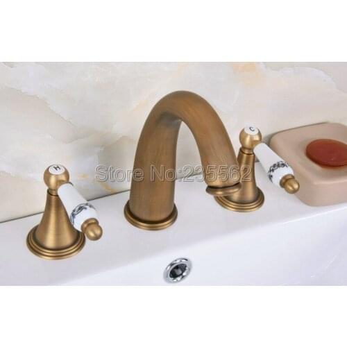 Antique Brass Dual Ceramic Handle Bathroom Tub Faucet 3 Hole Deck Mounted Widespread Sink Basin Faucets lan082