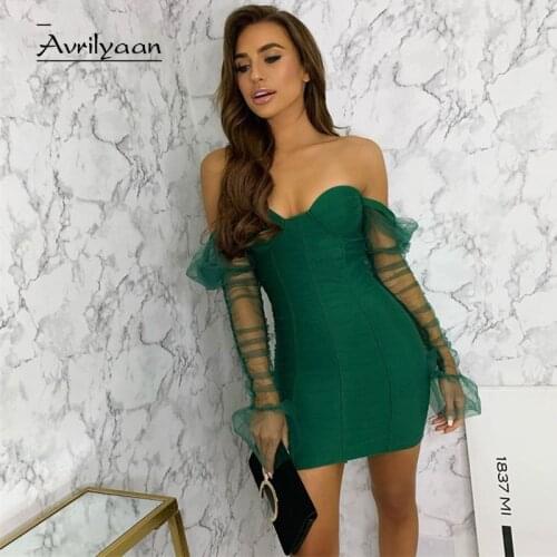 Avrilyaan Long Puff Sleeve Mesh Double layer Sexy Dress Women Mini Bodycon Dress Off Shoulder Backless Short Club Party Dresses