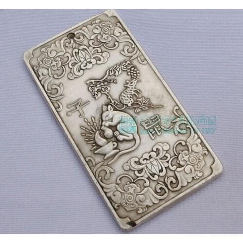 Chinese tibet Silver Bullion thanka Fengshui zodiac animal mouse statue amulet necklace pendant metal handicraft