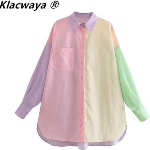 Klacwaya Women 2021 Sweet Candy Color Patchwork Oversize Shirts Female Long Sleeve Single Pocket Blouse Roupas Chic Blusas Tops