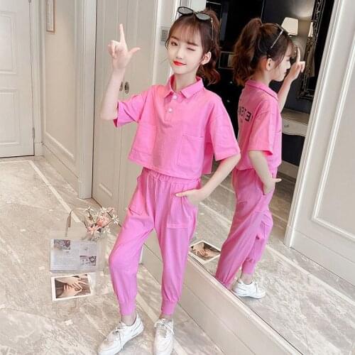 Girls' Casual Summer Clothes 2021 New Suit ChildrenS Sports Trousers + Letter Shirt Collar Big KidsTwo-Piece Clothing Sets 4-13
