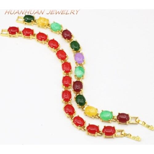 Multicolor Natural Stone Jades Bracelet For Women Chalcedony 6x8mm Copper Color-Color Link Bracelets Bangle Jewels 7.5inch B3397