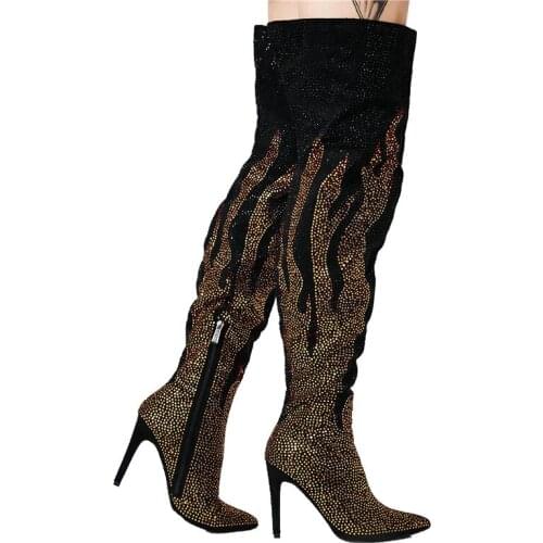 Fashion Crystal Embellished Over The Knee Boots Women Sexy Ladies High Heel Winter Shoes Rhinestone Pointed Toe Thigh High Boots