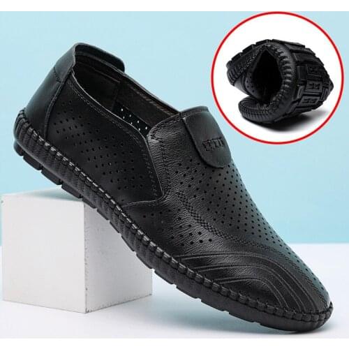 Men Casual Shoes Luxury Brand Summer Genuine Leather Mens Loafers Moccasins Hollow Out Breathable Slip on Driving Shoes