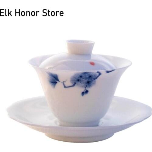 170ml Tureen Ceramic Cup With Lid Cover Saucer Kit White Jade Porcelain Pine Hand Painted Gaiwan Tea Bowl Travel Tea Set Teaset
