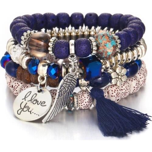 4Pcs ZA Natural Bead Charms Strand Bracelets Sets For Women Fashion Bohemian Wing Pendant Jewelry Christmas Gifts Bangles BijouX