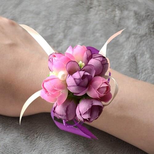 Wrist Corsage Girls Bridesmaid Hand Flowers Artificial Bride Bracelet Flowers Buds for Wedding Dancing Party Decor Bridal Prom