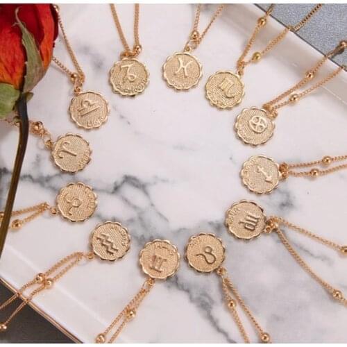 12 Zodiac Constellation Carve Coin Pendant Necklace