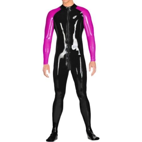 Front Zip Male Black and Rose Pink Latex Overall Jumpsuit Rubber Bodysuit Men Tight Suit with Socks Catsuit S-LCM161