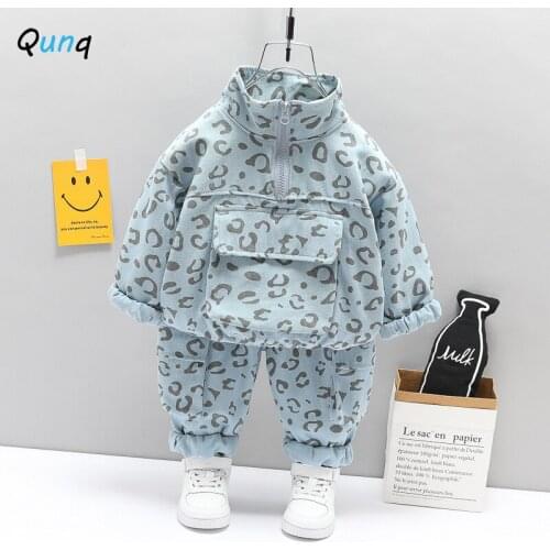 Qunq Kids Sport Suits 2021 New Spring Fall Children Tracksuit for Boys Leopard Coat Pant 2pcs Girls Clothes 1 2 3 Year Baby Set
