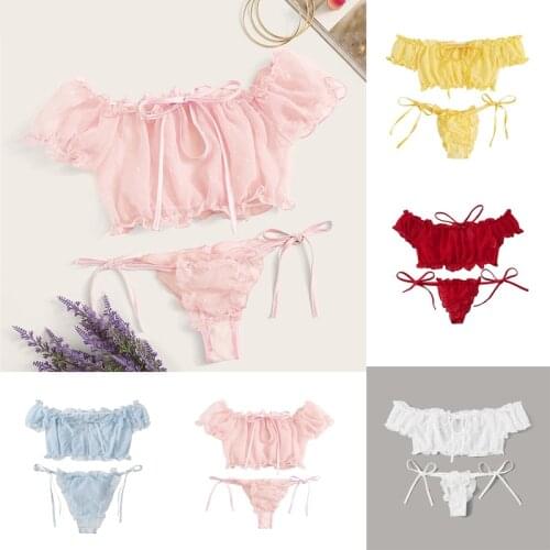 Sexy Cute Dot Wireless Transparent Bralette Thong Intimate Female Lingerie Mesh Bra Set Off Shoulder Ruffle Underwear Suit