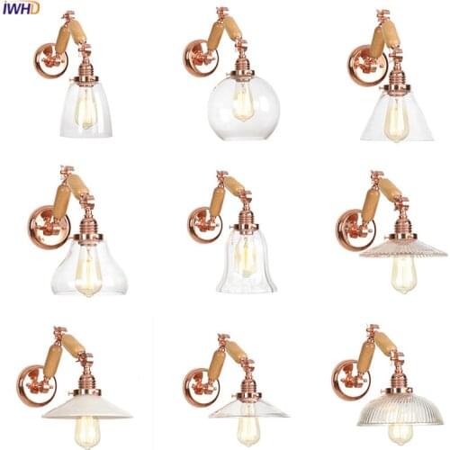 IWHD Rose Gold Wooden LED Wall Light Bedroom Bathroom Mirror Stair Glass Nordic Modern Arm Wall Lamp Sconce Edison Aplique Pared