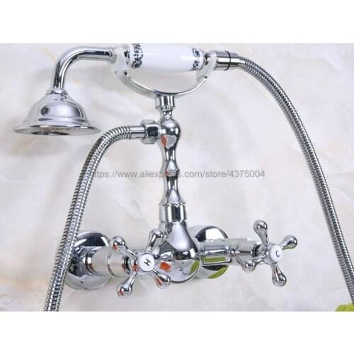 Bathroom Bath Wall Mounted Hand Held Polished Chrome Silver Shower Head Kit Shower Faucet Sets Nna189