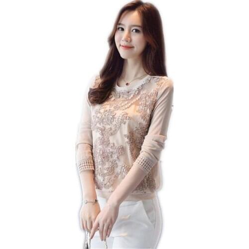 Women Sweet New 2018 Spring Long sleeved Lace Blouses Tops Elegant Slim Hollow out Chiffon blouse Women O-Neck Loose BlousesQ109