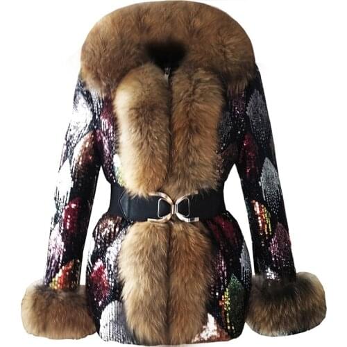 2021 Winter Jacket Women parka Natural Fox Raccoon Fur Collar Hooded Belt Sequins Warm Outerwear Streetwear Real Fur Coat