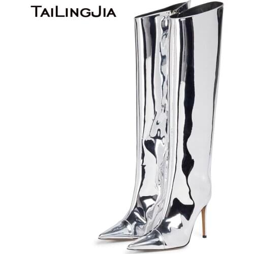 Winter High Heel Gold Knee High Boots Shoes For Women 2021 Fashion Pointed Toe Silver Tall Long Boot Ladies Footwear Large Size