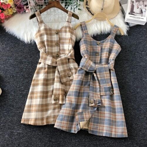 New arrival autumn vintage plaid spaghetti strap dress women sleeveless slim waist a-line dress