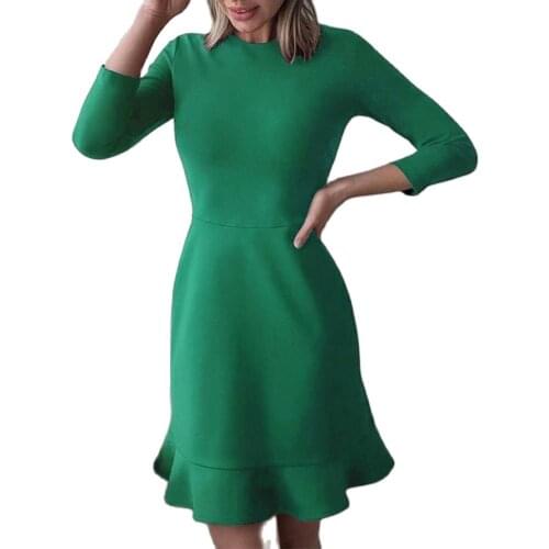 Vestidos Office Lady Dress Solid Color Ruffles Autumn Winter Long Sleeve O Neck Bodycon dresses for women 2021 for Wedding