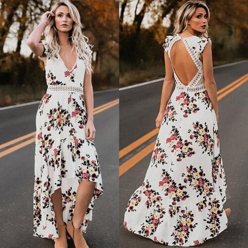 Women Summer Casual Printed V Neck Backless Sleeveless Long Maxi Abend Party Cocktail Strandkleid Bikini Cover Up Beachwear